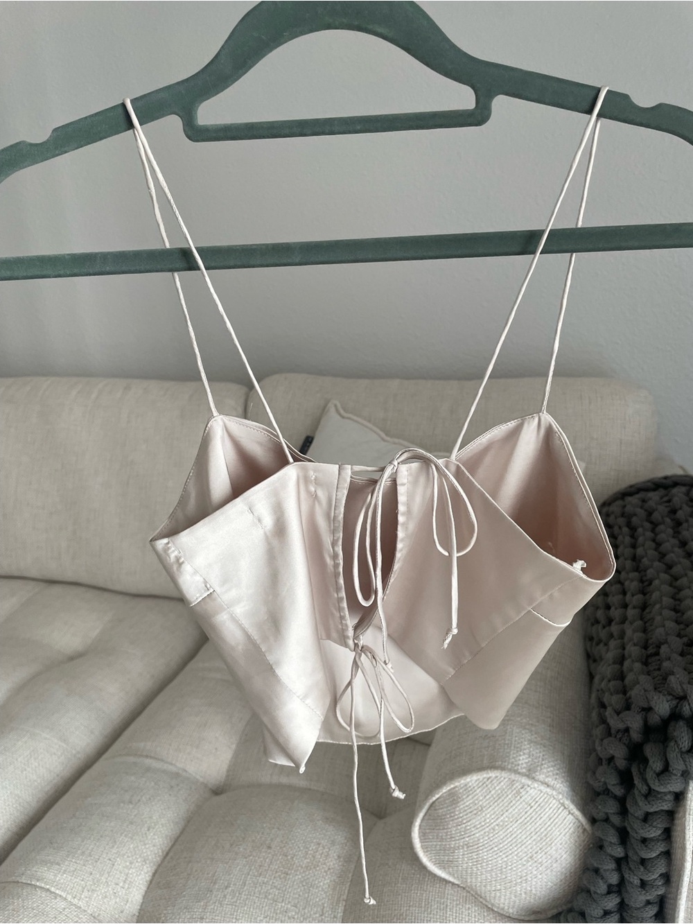 Satin Cropped Cami Open Tie Back Bow Champagne Dainty Going Out Top